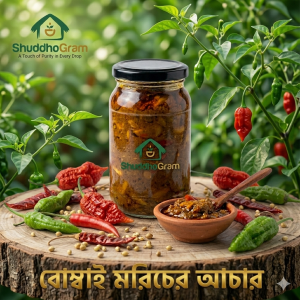 shuddho-gram-bombay-morich-achar-jar-on-white-background extra-spicy-naga-pickle-made-with-wood-pressed-mustard-oil premium-quality-bombay-chili-pickle-by-shuddhogram pure-organic-spicy-pickles-in-bangladesh-chemical-free