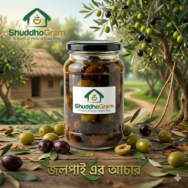 shuddhogram-premium-jolpai-achar-jar-photography pure-olive-pickle-made-with-wood-pressed-mustard-oil organic-jolpai-achar-by-shuddhogram-chemical-free traditional-bangladeshi-style-olive-pickle-bottle