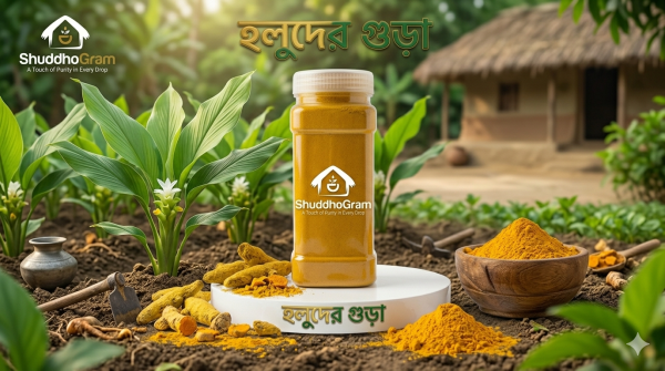 শুদ্ধগ্রাম হলুদের গুঁড়ো বোতলের ছবি - খাঁটি ও প্রিমিয়াম কোয়ালিটি | ShuddhoGram Turmeric Powder Jar Image - Pure & Premium